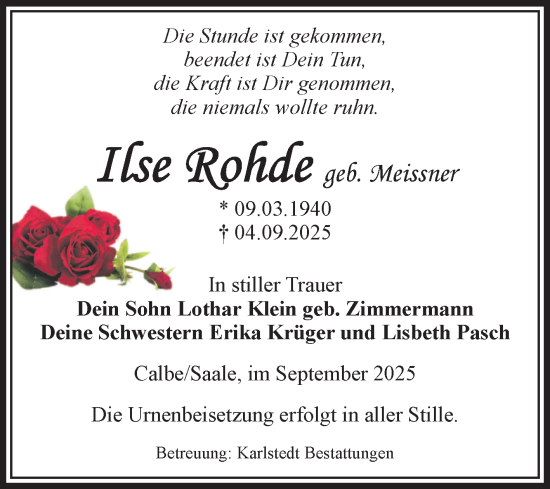 Traueranzeige von Ilse Rohde von Volksstimme Schönebeck