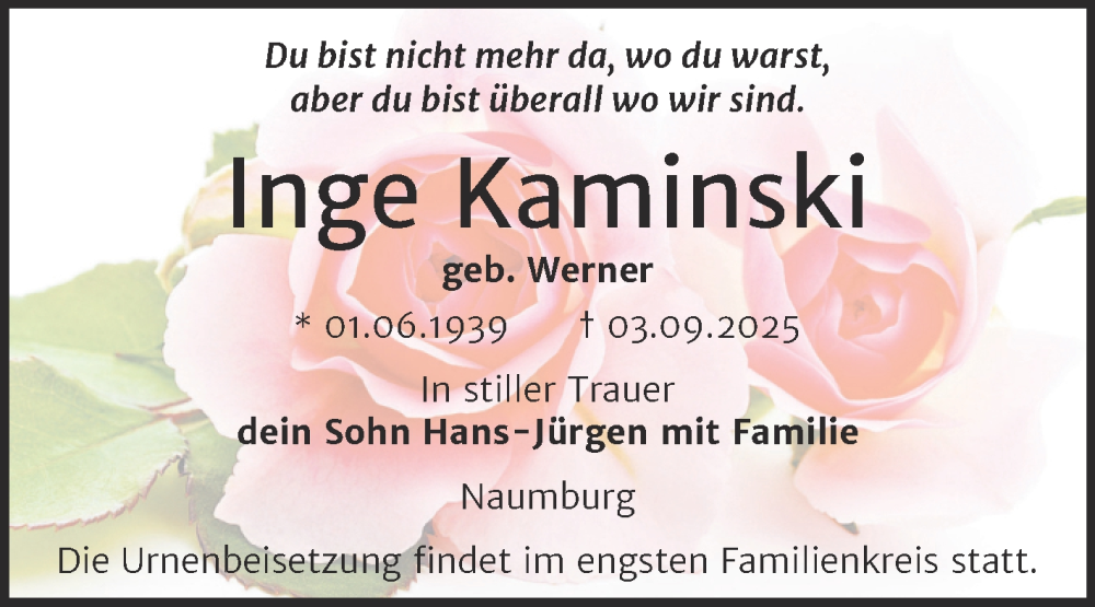  Traueranzeige für Inge Kaminski vom 20.09.2025 aus Super Sonntag Naumburg/Nebra