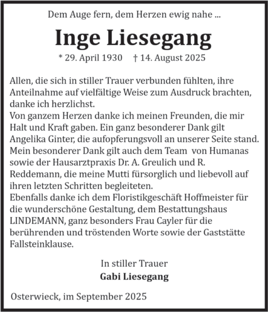Traueranzeige von Inge Liesegang von Volksstimme Halberstadt