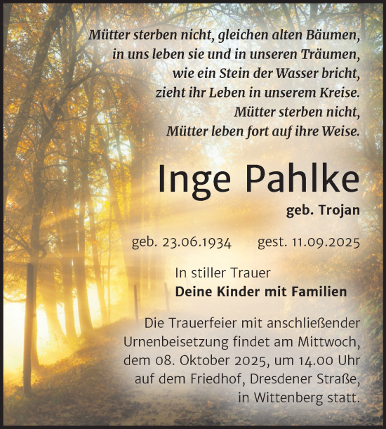 Traueranzeige von Inge Pahlke von Trauerkombi Wittenberg