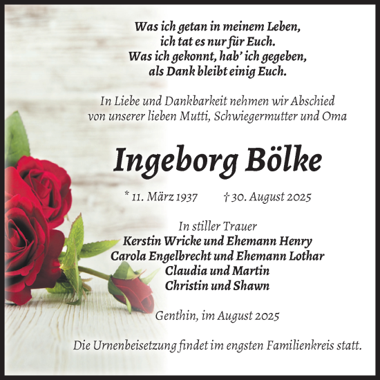 Traueranzeige von Ingeborg Bölke von Volksstimme Burg/Genthin