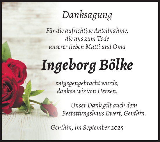 Traueranzeige von Ingeborg Bölke von Volksstimme Burg/Genthin