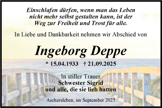 Traueranzeige von Ingeborg Deppe von Trauerkombi Aschersleben