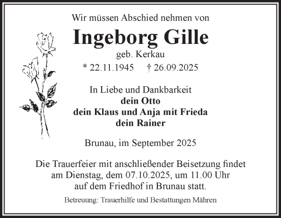 Traueranzeige von Ingeborg Gille von Volksstimme Altmark West