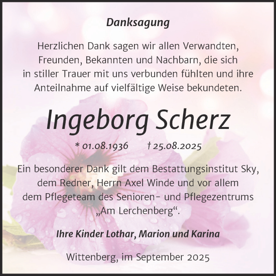 Traueranzeige von Ingeborg Scherz von Trauerkombi Wittenberg