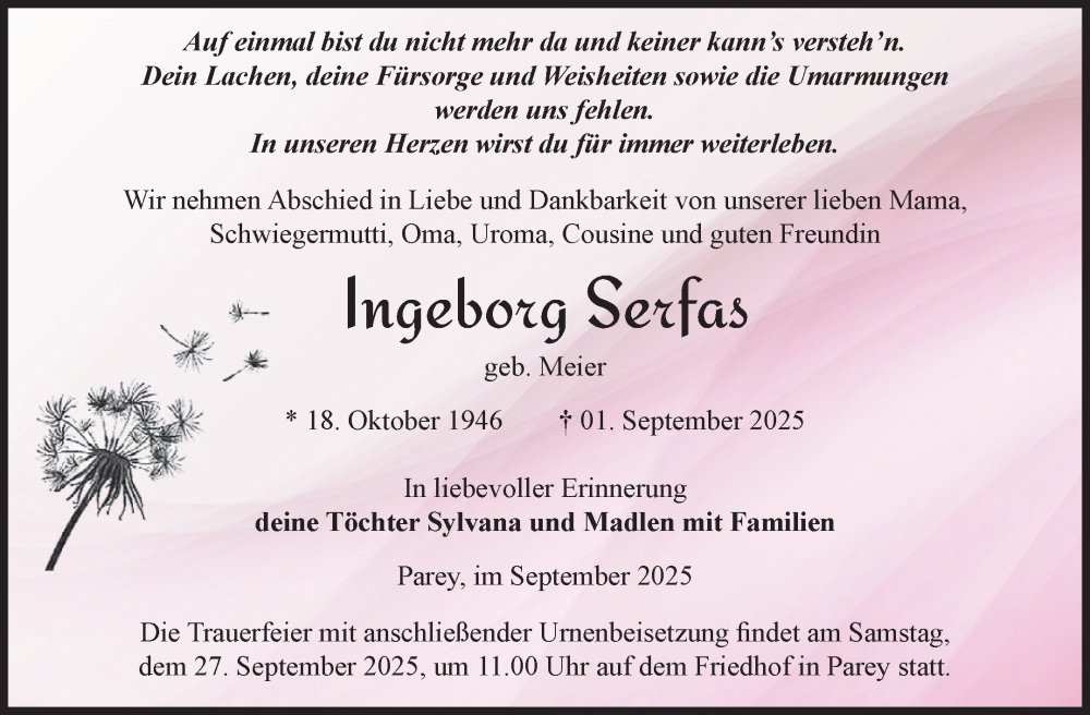  Traueranzeige für Ingeborg Serfas vom 13.09.2025 aus Volksstimme Burg/Genthin