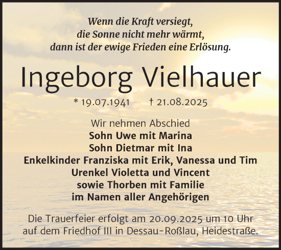 Traueranzeige von Ingeborg Vielhauer von Trauerkombi Dessau
