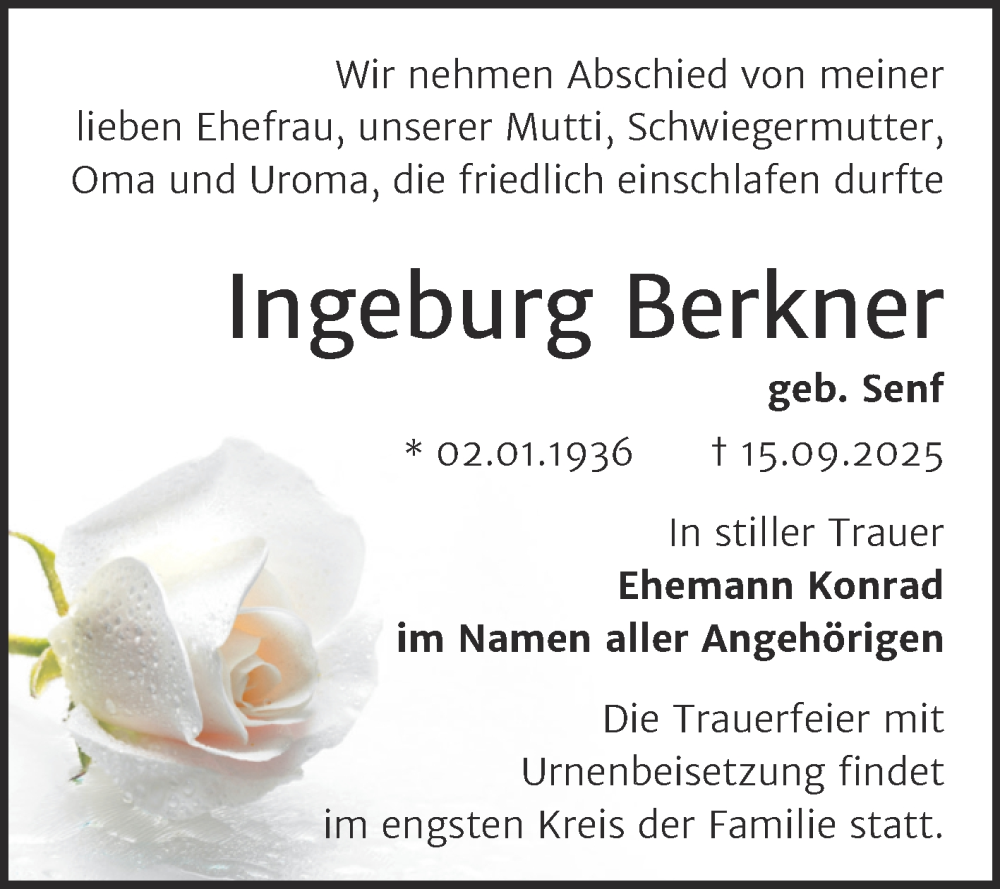  Traueranzeige für Ingeburg Berkner vom 20.09.2025 aus Mitteldeutsche Zeitung Halle/Saalkreis