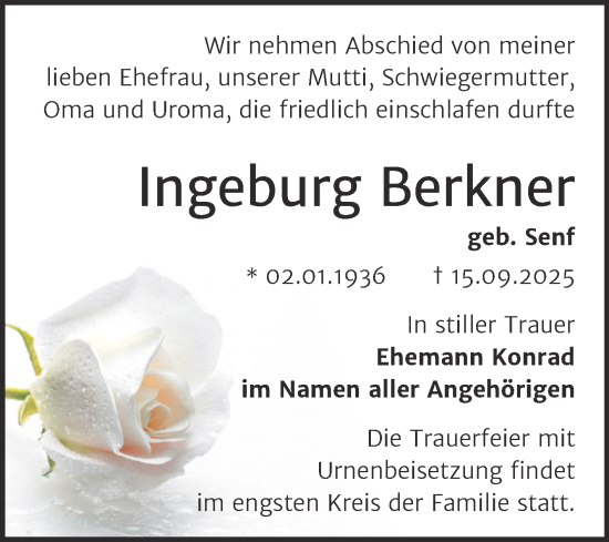 Traueranzeige von Ingeburg Berkner von Mitteldeutsche Zeitung Halle/Saalkreis