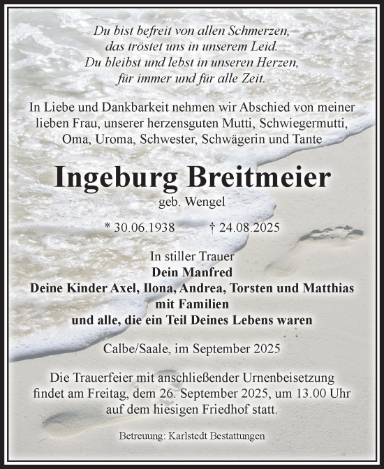 Traueranzeige von Ingeburg Breitmeier von Volksstimme Schönebeck