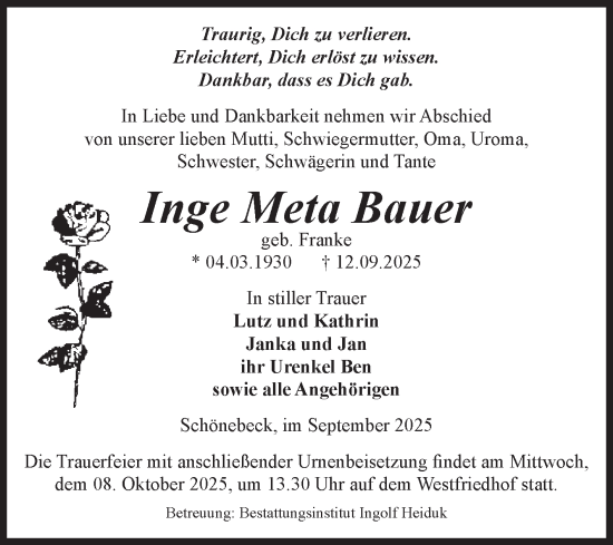 Traueranzeige von Inge Meta Bauer von Volksstimme Schönebeck
