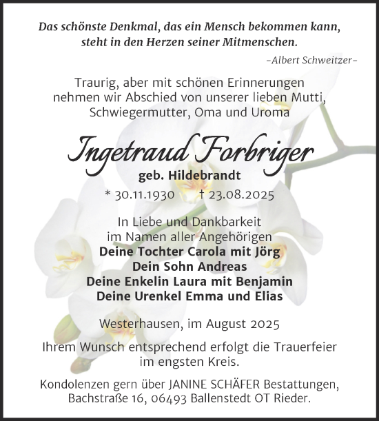 Traueranzeige von Ingetraud Forbriger von Trauerkombi Quedlinburg