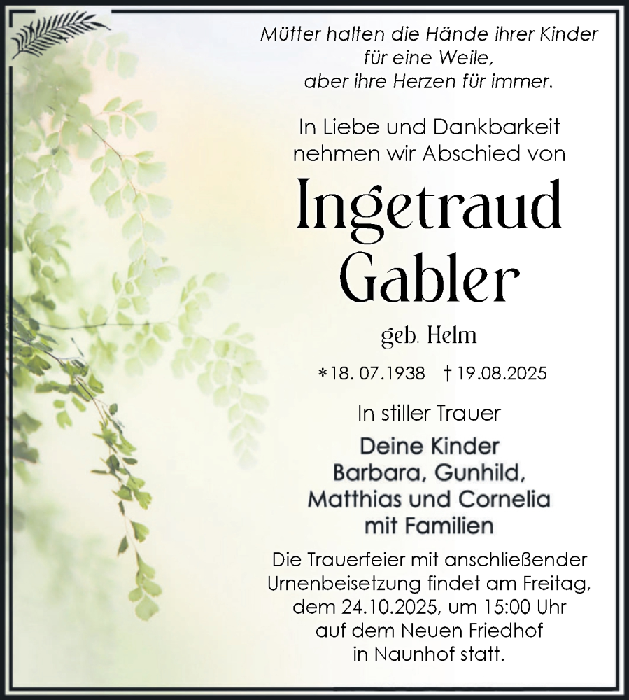  Traueranzeige für Ingetraud Gabler vom 20.09.2025 aus Mitteldeutsche Zeitung Dessau-Roßlau