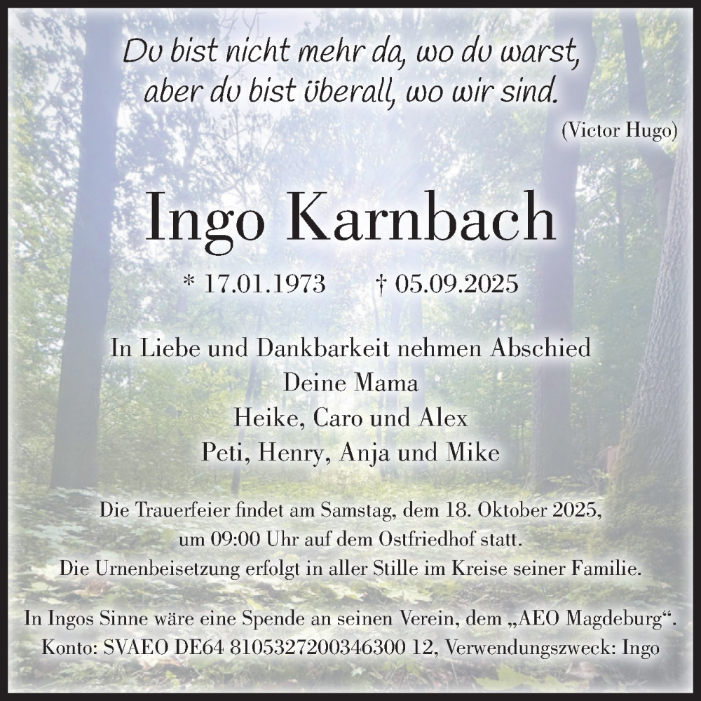  Traueranzeige für Ingo Karnbach vom 20.09.2025 aus Volksstimme Magdeburg