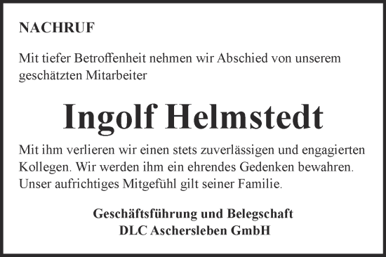 Traueranzeige von Ingolf Helmstedt von Mitteldeutsche Zeitung Aschersleben