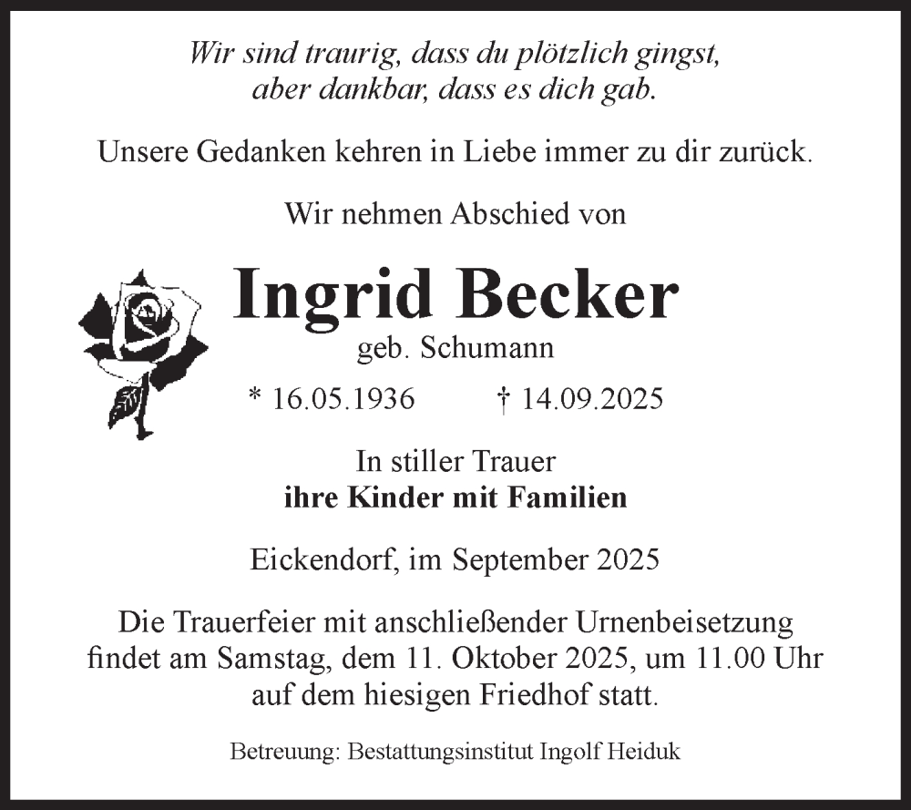  Traueranzeige für Ingrid Becker vom 20.09.2025 aus Volksstimme Schönebeck