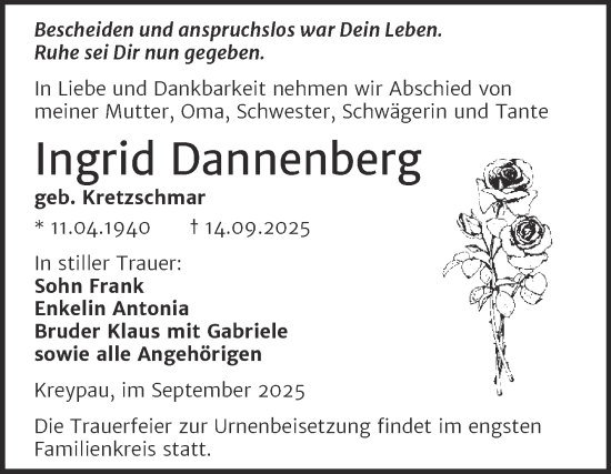 Traueranzeige von Ingrid Dannenberg von Trauerkombi Merseburg