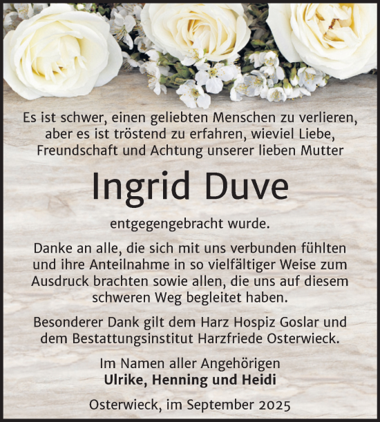 Traueranzeige von Ingrid Duve von Volksstimme Halberstadt