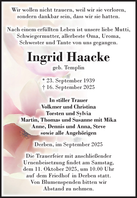 Traueranzeige von Ingrid Haacke von Volksstimme Burg/Genthin