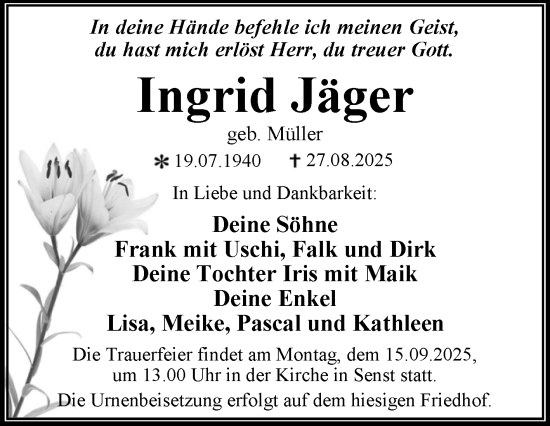 Traueranzeige von Ingrid Jäger von Trauerkombi Wittenberg