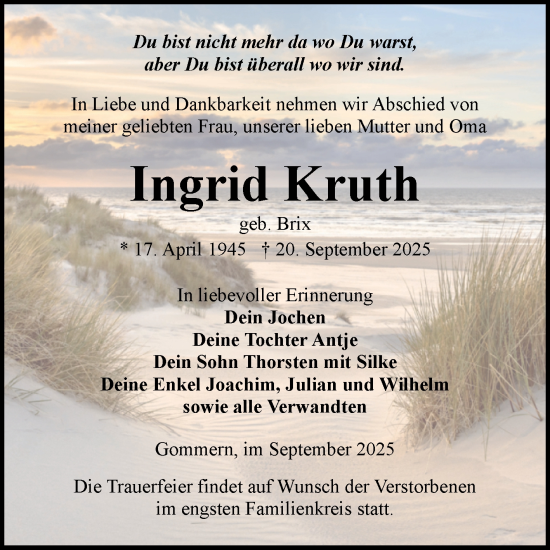 Traueranzeige von Ingrid Kruth von Volksstimme Burg/Genthin