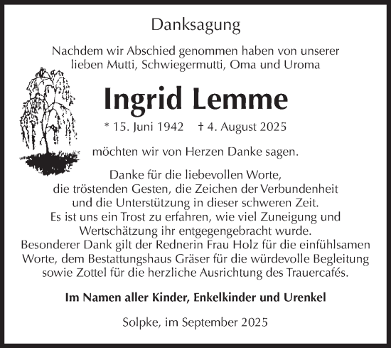 Traueranzeige von Ingrid Lemme von Volksstimme Altmark West
