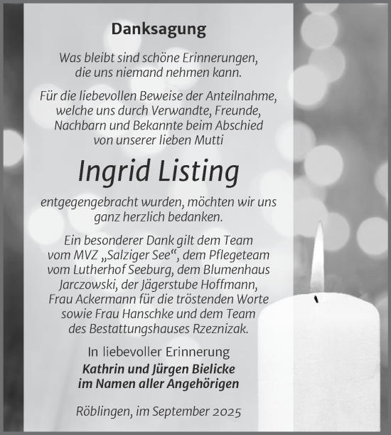 Traueranzeige von Ingrid Listing von Trauerkombi Mansfelder Land