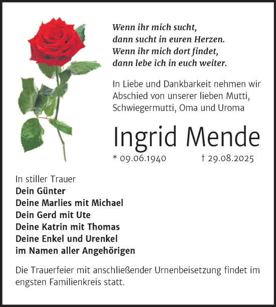 Traueranzeige von Ingrid Mende von Trauerkombi Wittenberg