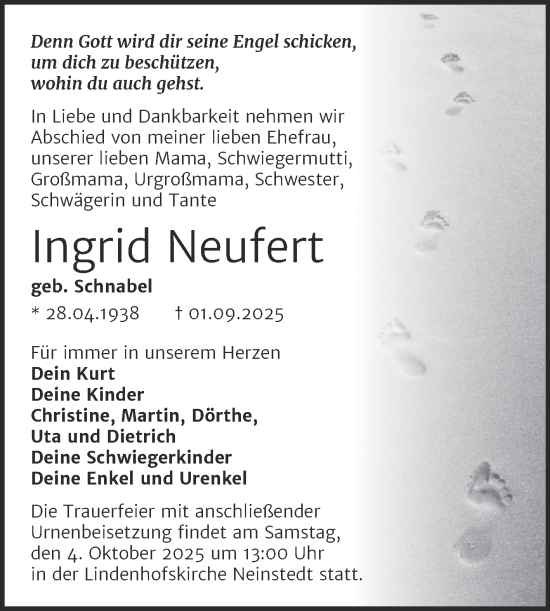 Traueranzeige von Ingrid Neufert von Trauerkombi Quedlinburg