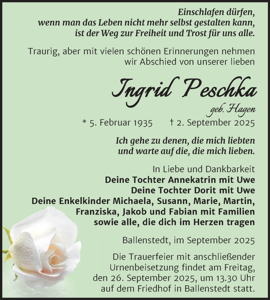  Traueranzeige für Ingrid Peschka vom 13.09.2025 aus Trauerkombi Quedlinburg