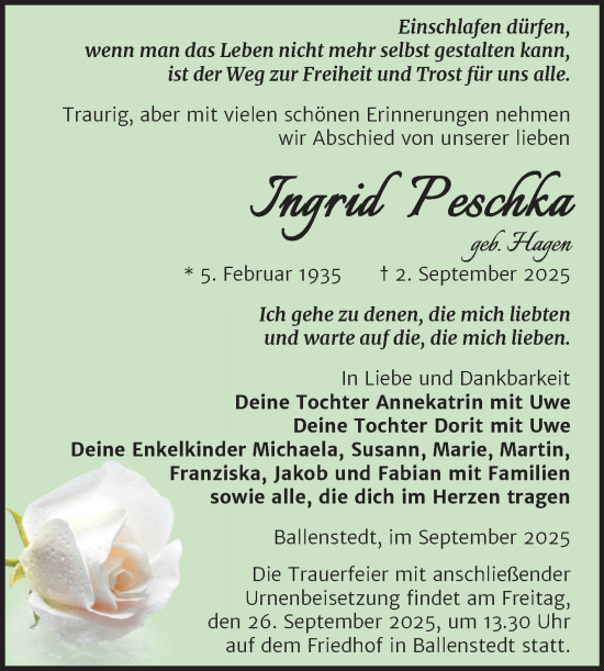 Traueranzeige von Ingrid Peschka von Trauerkombi Quedlinburg