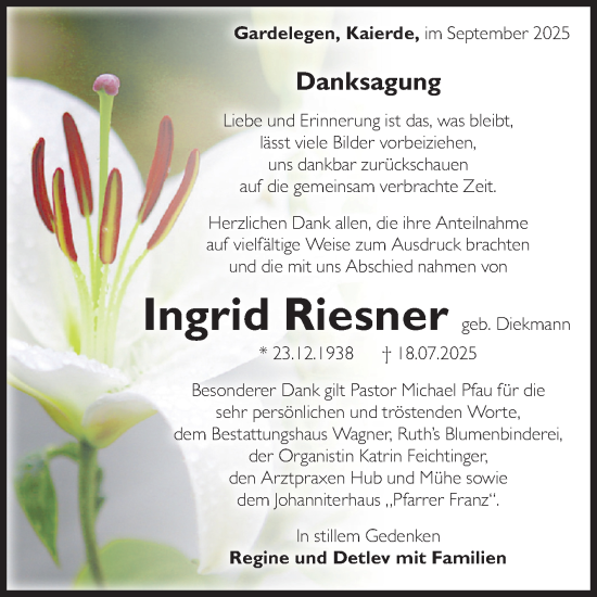 Traueranzeige von Ingrid Riesner von Volksstimme Altmark West