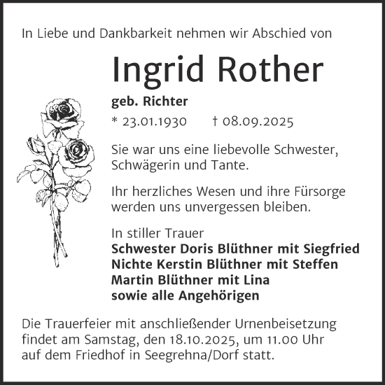 Traueranzeige von Ingrid Rother von Trauerkombi Wittenberg