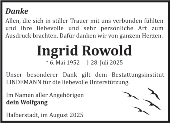 Traueranzeige von Ingrid Rowold von Volksstimme Halberstadt