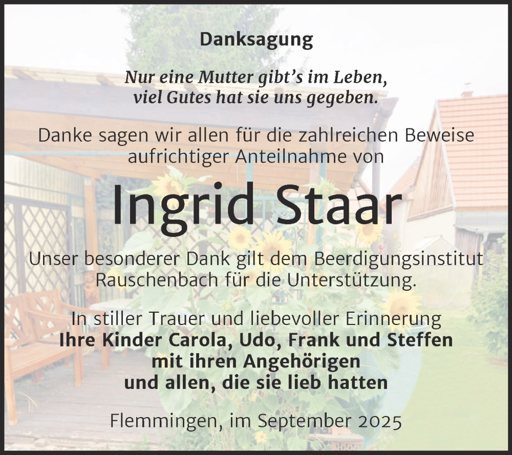  Traueranzeige für Ingrid Staar vom 20.09.2025 aus Super Sonntag Naumburg/Nebra