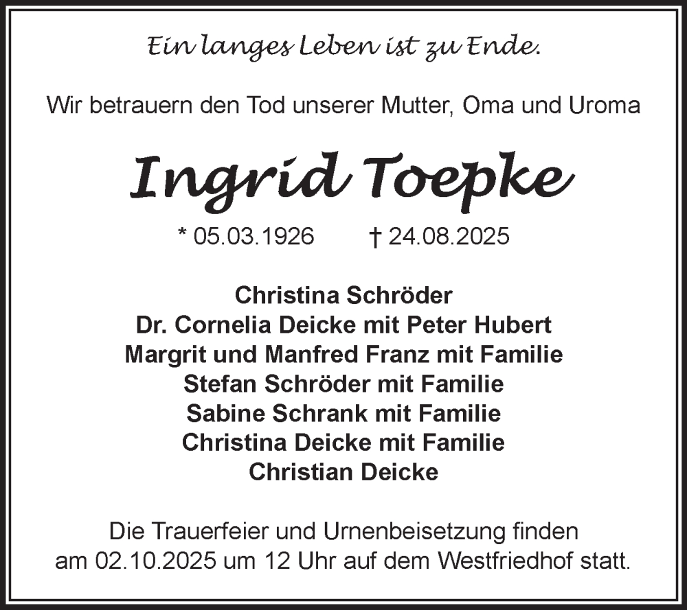  Traueranzeige für Ingrid Toepke vom 06.09.2025 aus Volksstimme Magdeburg