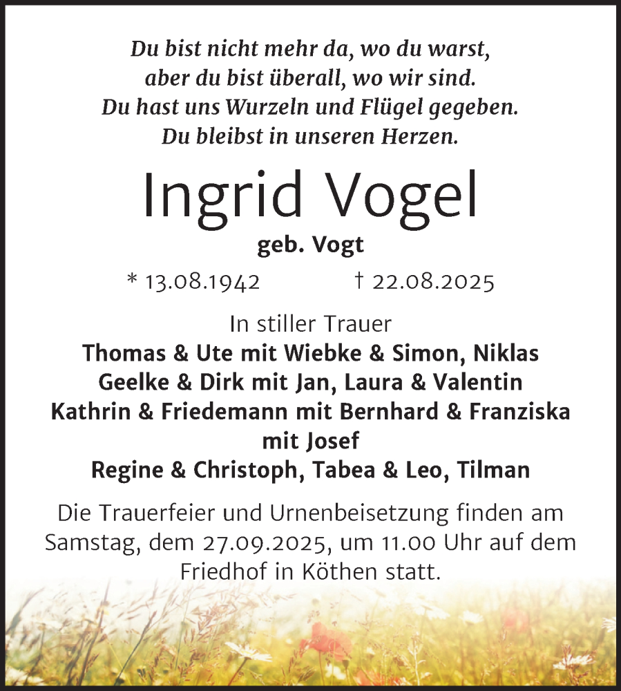 Traueranzeige für Ingrid Vogel vom 06.09.2025 aus Trauerkombi Köthen