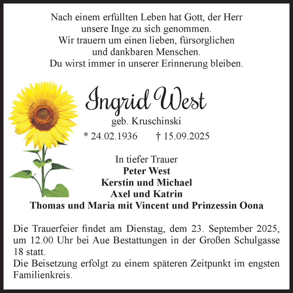  Traueranzeige für Ingrid West vom 20.09.2025 aus Volksstimme Magdeburg