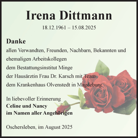 Traueranzeige von Irena Dittmann von Volksstimme Oschersleben/Wanzleben