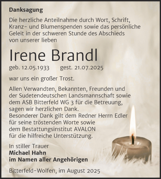 Traueranzeige von Irene Brandl von Trauerkombi Bitterfeld