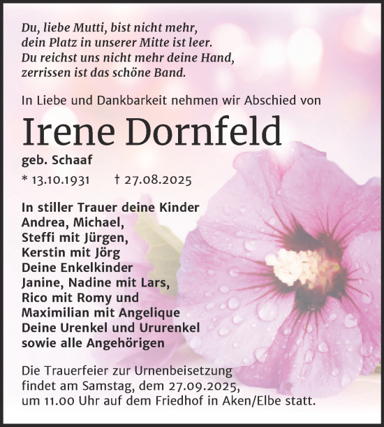 Traueranzeige von Irene Dornfeld von Trauerkombi Köthen