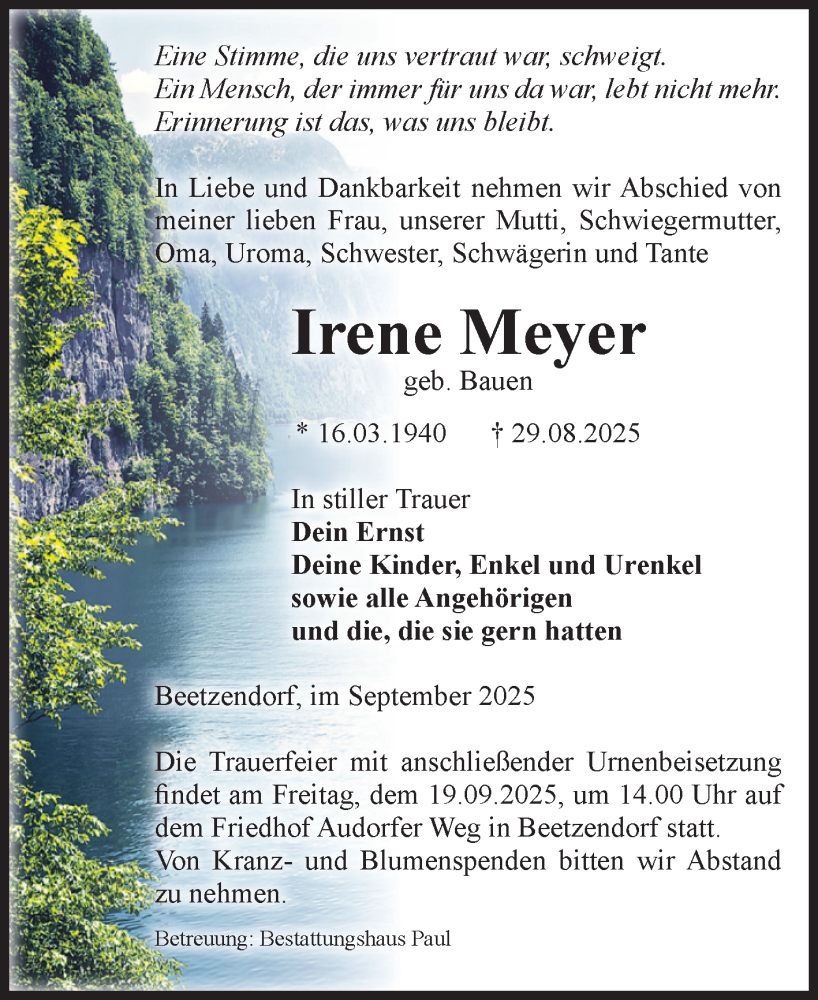  Traueranzeige für Irene Meyer vom 05.09.2025 aus Volksstimme Altmark West