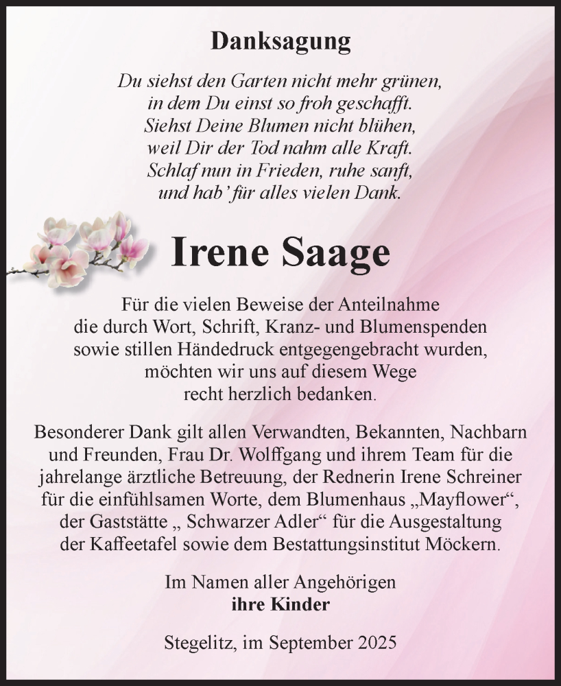  Traueranzeige für Irene Saage vom 13.09.2025 aus Volksstimme Burg/Genthin