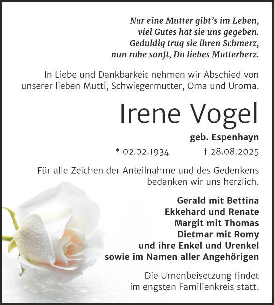 Traueranzeige von Irene Vogel von Super Sonntag Naumburg/Nebra