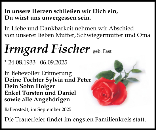 Traueranzeige von Irmgard Fischer von Trauerkombi Quedlinburg