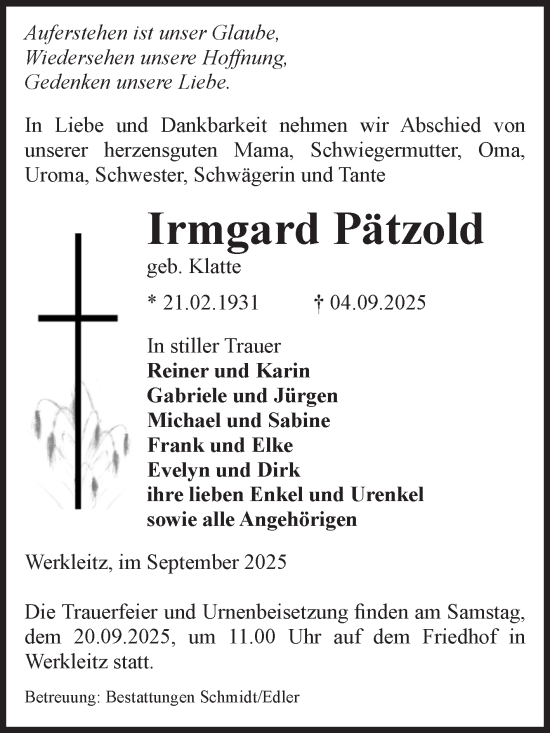 Traueranzeige von Irmgard Pätzold von Volksstimme Schönebeck