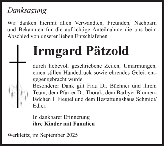 Traueranzeige von Irmgard Pätzold von Volksstimme Schönebeck