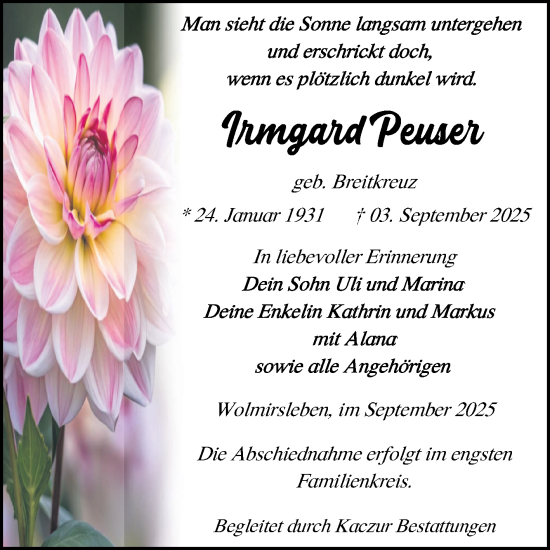 Traueranzeige von Irmgard Peuser von Volksstimme Staßfurt