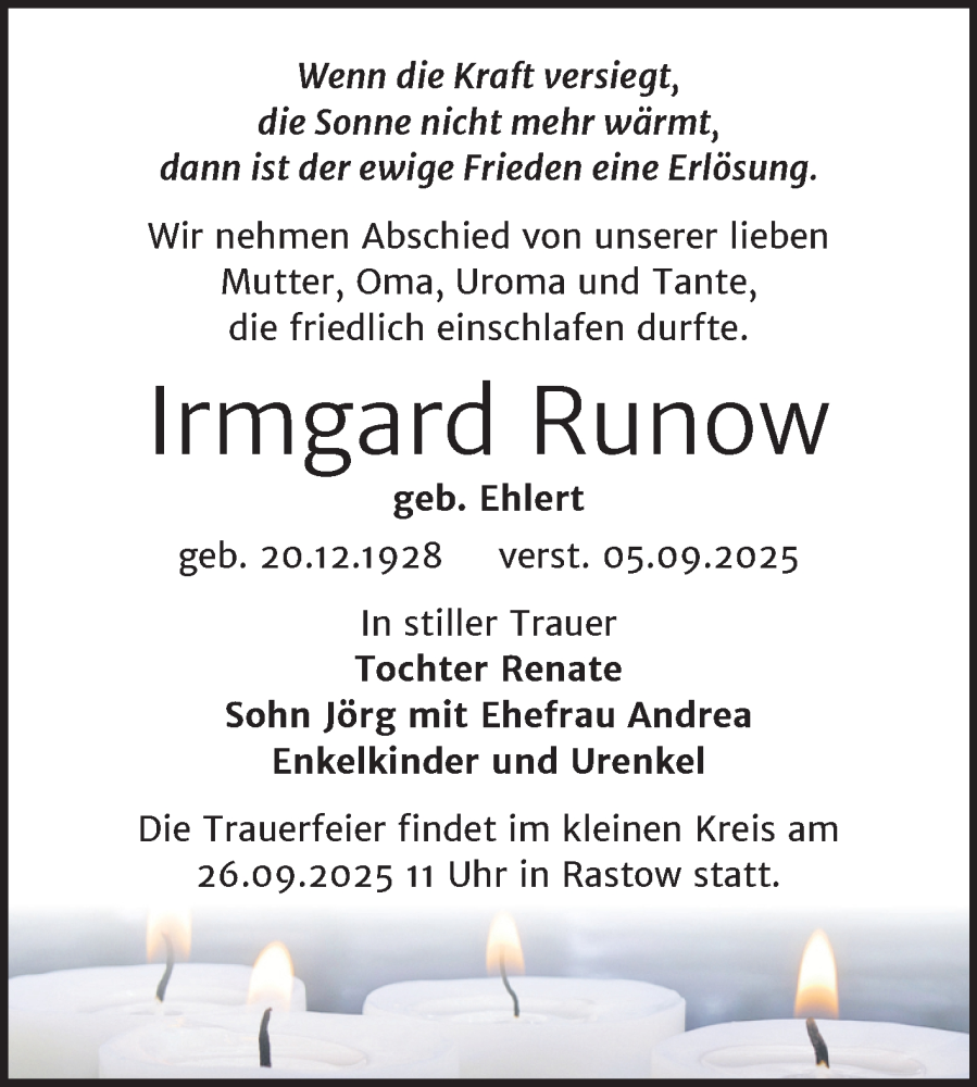  Traueranzeige für Irmgard Runow vom 13.09.2025 aus Volksstimme Altmark West