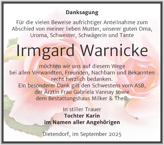 Traueranzeige von Irmgard Warnicke von Trauerkombi Zeitz